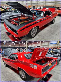 two pictures of an old red car with the hood open