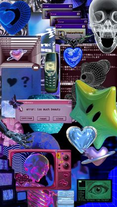 a collage of various items including cell phones, hearts, and other decorative objects