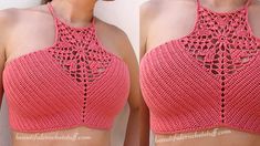 two pictures of a woman wearing pink crocheted top with openwork on the back