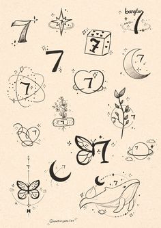 the numbers and symbols are drawn in black ink on white paper with stars, butterflies, and hearts