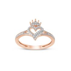 Treat yourself or your loved ones with this charming crown heart diamond ring. Crafted in 10k rose gold, the ring features a graceful open heart frame with round diamond accent. A crown adorned with round diamonds sits on top the heart. The diamond lined split shank complements the center. Radiant with 0.12 ct.t.w. of round diamonds and finished to bright polished shine, this diamond crown heart ring is designed to delight. Ideal to be gifted, this elegant piece of diamond jewelry ships packed i Heart Diamond Ring, Diamond Heart Ring, Diamond Crown, Heart Diamond, Heart Frame, Split Shank, Open Heart, Beautiful Gift Boxes, Diamond Heart