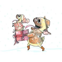 a drawing of a dog carrying a gift in the snow with another dog on it's back