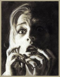 a pencil drawing of a woman holding her hands to her face and looking at the camera