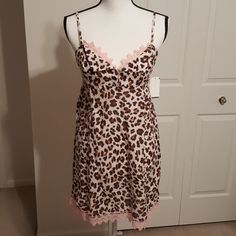 Cute Sleep Or Lounge Dress! Brown/Tan/Beige Animal Print With Pink Lace Trim At The Hem And Dcolletage. Adjustable Straps. 100% Cotton Comment With Questions Pink Summer Sleepwear For Overnight, Pink Lace Trim Chemise For Loungewear, Pink Lace Trim Chemise For Sleepover, Pink Lace Trim Chemise For Bedtime, Pink Lace Trim Chemise, Pink Spaghetti Straps Chemise For Loungewear, Pink Summer Chemise For Sleepovers, Summer Sleeveless Nightgown, Pink Chemise For Summer Pajama Party