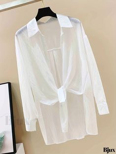 Bjux - Womens Semi-Sheer White Cover Up Shirt - Long Sleeves, Split Lapel Rash Guard, Ideal for Swimwear & Resortwear Elegant V-neck Beach Shirt, White V-neck Beach Shirt, Elegant Tops For Beach Season, Elegant White Tops For Beach Season, Elegant V-neck Top For Beach Season, Chic Solid Color Shirt For The Beach, White Cover Up, White Cover, Bow Pattern