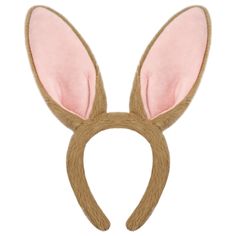 a brown bunny ears headband with pink ears on it's side and one ear sticking out