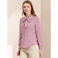 Whether you're in the office or out on the town, this cute blouse is perfect for any occasion. The soft fabric will keep you comfy all the time. Simple and classic shirts are never out of date and maintain an elegant appearance. The stylish Peter Pan collar and bow-tie neck design are different from those of classic shirts, adding a unique feminine. A classic blouse goes well with everything. It can be dressed up with dress pants or casual with skinny jeans or plaid skirts to show the preppy sty Puff Sleeve Shirt For Work, Puff Sleeve Blouse With Button Closure For Work, Office Long Sleeve Blouse With Button Closure, Office Puff Sleeve Padded Blouse, Puff Sleeve Blouse With Button Closure For Office, Padded Puff Sleeve Blouse For Office, Office Padded Puff Sleeve Blouse, Long Sleeve Button Blouse For Office, Feminine Solid Color Blouse For Office Wear