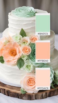 a wedding cake with peach and mint green flowers on the top tier, labeled basics