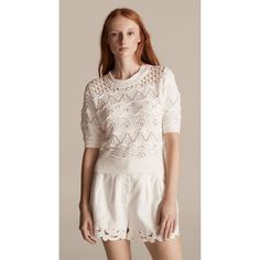 Rebecca Taylor Short Sleeve Cotton Pullover Sweater Defined With Various Textures Crocheted Mix Of Lacey Openwork Patterns And Raised Wavy Stitches Scalloped Neckline Ribbed Trim Size: Womens L Condition: New With Tags Chic Textured Knit Daywear Tops, Chic Textured Knit Tops For Daywear, Elegant Knit Crochet Top, Elegant Open Knit Crew Neck Sweater, Elegant Beige Crochet Top With Pointelle Knit, Elegant Open Knit Crew Neck Top, Elegant Beige Textured Crochet Top, Elegant Spring Crochet Top With Crew Neck, White Pointelle Knit Blouse