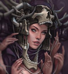 a digital painting of a woman with horns on her head and hands around her neck