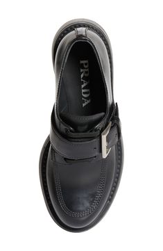 A chunky buckle secures the loafer-inspired strap of this polished derby crafted in Italy from brushed calfskin leather. Lace-up style; adjustable buckle strap Leather upper and lining/rubber sole Made in Italy Designer Shoes Derby Shoe, Chunky Loafers, Socks Shoes, Prada Shoes, Derby Shoes, Shoe Lover, Chanel Shoes, Leather Lace, Loafers For Women