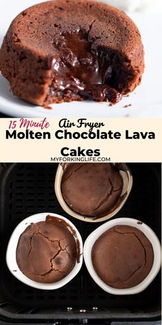 chocolate lava cake in an air fryer with text overlay