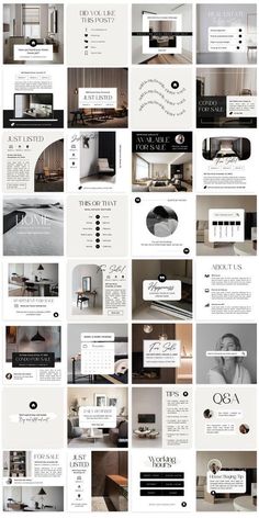 a bunch of different types of webpages on a white background with black and gray accents