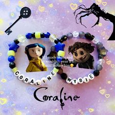 Ravenclaw Beaded Bracelet, Coraline Clay Bead Bracelet, Easy Crafts With Beads, Matching Coraline Bracelets, Coraline Beaded Bracelet, Rod Wave Bracelets, Horror Movie Beaded Bracelet, Emo Clay Bead Bracelets, Tim Burton Bracelet