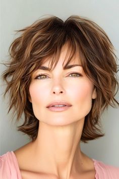 Shaggy Layers with Bangs Hairstyle on a woman in her 50s with short brown layered hair.