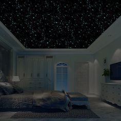 a bedroom with a ceiling that has stars on it