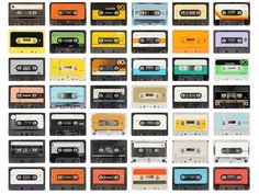 an assortment of cassette tapes arranged in rows