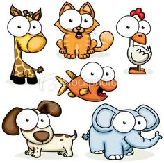 cartoon animals with different facial expressions and colors on their faces, including an elephant, giraffe, bird, dog, and chicken