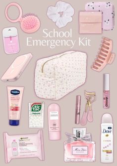 the contents of a school emergency kit laid out on a pink background with text that says school emergency kit