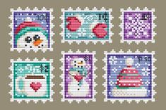 four cross stitch squares with snowmen and hearts on them, all in different colors