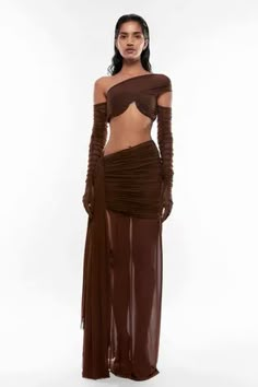 Shop for Deme by Gabriella Brown Net Ruched Crop Top And Draped Skirt Set for Women Online at Aza Fashions Rouched Top, Brown Crop Top, Draped Skirt, Gathered Skirt, Skirt Top, Aza Fashion, Pleated Skirt, Timeless Fashion, Skirt Set