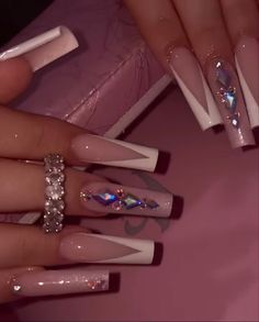 Nail Inspo With Diamonds, Dimond Nails Acrylic, Long White Acrylic Nails Rhinestones, Acrylic Diamond Nails, Nails With Pink Gems, Long Nail Ideas With Diamonds, White Nails With Gems Rhinestones, Nude Bling Acrylic Nails, Nail Inspo Diamonds