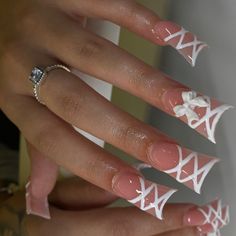 24Pcs Long Square False Nails with Bow Rhinestone Design Pink French Fake Nail Wearable Ballet Bow Tie Nails, French Press On Nails, Fake Nails White, Duck Nails, White Nail Art, Fake Nail, Stick On Nails, False Nail, Rhinestone Designs