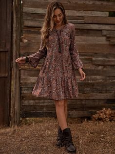 Ditsy Floral Flounce Sleeve Smock Dress | EMERY ROSE Beige Floral Dress Fall, Fall 2022 Casual Dresses, Fall Dress With Boots Roolee, Fall Dress 2022 Boho, Affordable Floral Print Fall Dresses, Fall Long Sleeve Dresses With Booties, Basic Fall Dresses, Trendy Fall Dresses 2022, Floral Long Sleeve Dress Fall