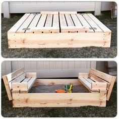 two pictures of an outdoor bed made out of pallet wood and sand in the middle