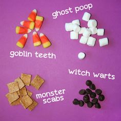 candy and marshmallows are arranged on a purple surface with words describing them