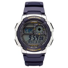 Casio Men's World Time Watch - Blue (AE1000W-2AVCF) Digital Sports Watches, Blue Watches, Modern Watches, Hand Watch, Mans World, Sport Watches, Black Watch, Casio Watch, Digital Watch