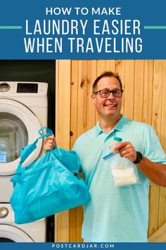 a man is holding a laundry bag while standing in front of a washing machine with the words how to make laundry easier when traveling