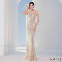 Lasaky - Glamorous Sequined Dream Party Evening Gown: Sensual Long Hostess Attire Backless Evening Gown For Wedding, Backless Evening Wedding Gown, Evening Wedding Backless Gown, Backless Evening Maxi Dress For Wedding, Backless Party Maxi Dress With Sweep Train, Evening Wedding Backless Maxi Dress, Backless Maxi Dress With Sweep Train For Party, Glamorous Champagne Gown For Night Out, Sleeveless Party Gown With Sweep Train