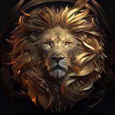 a digital painting of a lion's head with gold leaves around it and eyes