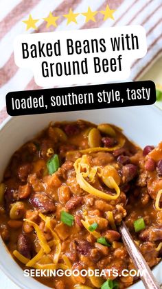 baked beans with ground beef and noodles in a white bowl on top of a table