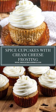 cupcakes with cream cheese frosting are on a cutting board and in the foreground, there is an image of cinnamon spice cupcakes