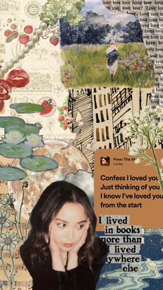 a collage with words and pictures on it, including an image of a woman's face