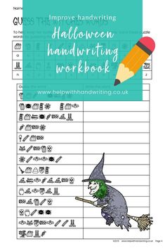 a halloween handwriting workbook with an image of a witch holding a pencil