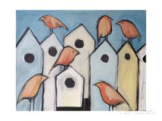 a painting of birds sitting on top of bird houses