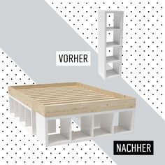 an image of a bed made out of wooden pallets and shelving unit for storage