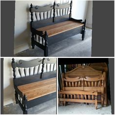 three different pictures of a bench made out of wood and metal, including the top one with