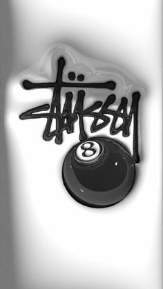 a pool ball with the number eight on it's side and graffiti written in black ink