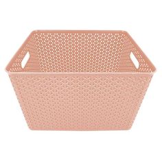 a pink plastic basket with holes on the sides and handles, in front of a white background