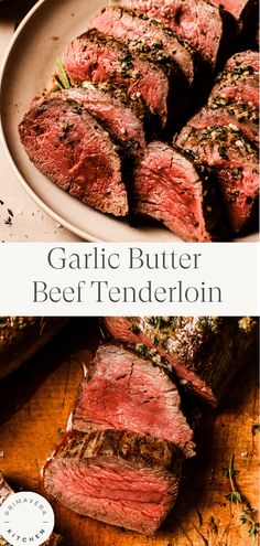 grilled steak with garlic butter and beef tenderion on a white plate