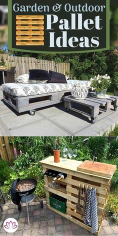 an outdoor pallet table is made out of wood and has a grill on it