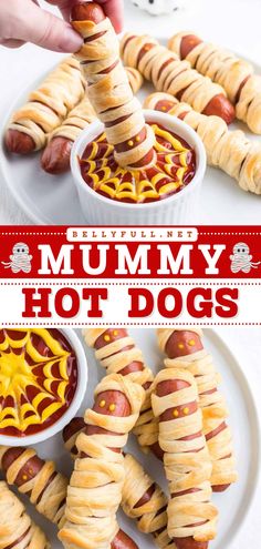 Learn how to make Mummy Hot Dogs! This Halloween party recipe is so easy. Wrapped in crescent rolls and served with spiderweb sauce, these mummy dogs are a Halloween themed food both kids and adults will enjoy! Halloween Mummy Hot Dogs, Halloween Mummy Dogs, Halloween Hotdogs, Easy Halloween Party Food, Halloween Finger Foods, Halloween Food Dinner