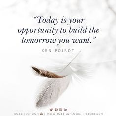 a white feather flying through the air with a quote above it that reads today is your opportunity to build the tomorrow you want