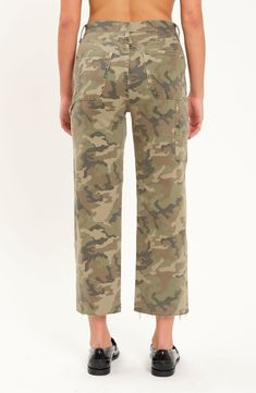 Cropped legs and a camo print lend a casual air to this pair of cotton pants finished with a hint of stretch. 26 1/2" inseam; 16 1/2" leg opening; 11 1/2" front rise Zip fly with button closure Front slant pockets; back patch pockets 69% cotton, 30% organic cotton, 1% spandex Machine wash, dry flat Imported Spring Camouflage Straight Leg Cargo Pants, Camouflage Relaxed Fit Straight Leg Cargo Pants, Straight Leg Camouflage Cargo Pants For Spring, Fall Cargo Cropped Pants, Fall Cargo Style Cropped Pants, Fall Cropped Cargo Pants, Cotton Camouflage Bottoms With Patch Pockets, Spring Military Style Camouflage Bottoms, Spring Military Camouflage Bottoms