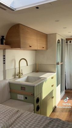 Cute Van Life, Surf Van Interior, Green Van Interior, Van Interior Aesthetic, Boler Trailer Interiors, Converted Caravan, Camper Van Makeover, Court And Nate, Camper Van Remodel