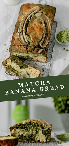 a loaf of matcha banana bread on a cooling rack